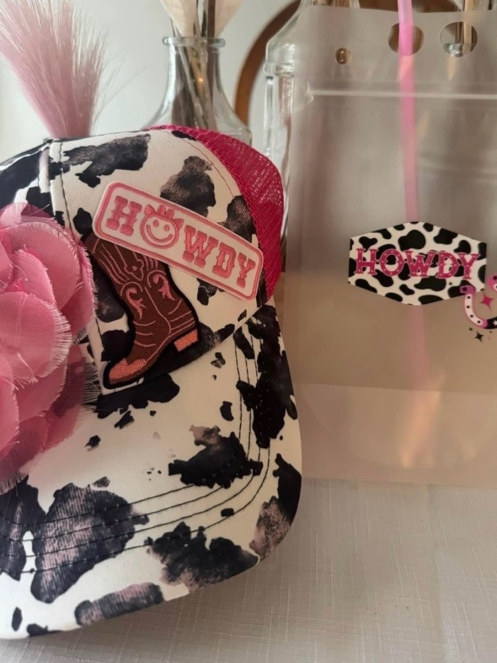 Pink & Black Cowprint Trucker Hat Howdy! With matching reusable drink pouch